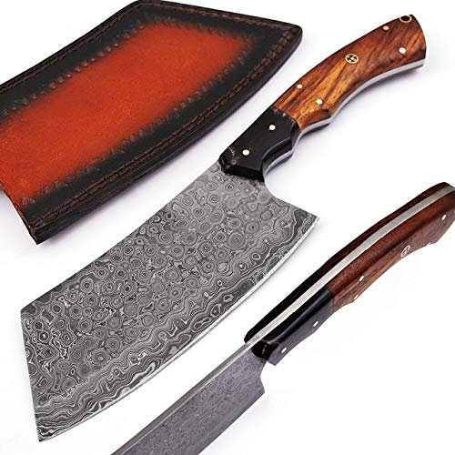 kh-8665 Damas Chef de main Couperet – Damas personnalisés – Hache à fendre avec fourreau en cuir