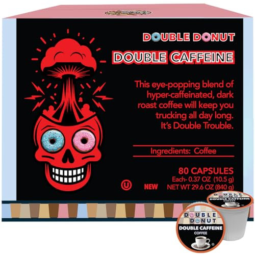 Double Donut High Caffeine Coffee Pods, Extra Strong Double Caffeine Coffee Cups for Keurig K Cup Brewer Machines Single Serve Dark Roast Coffee, 80 Count