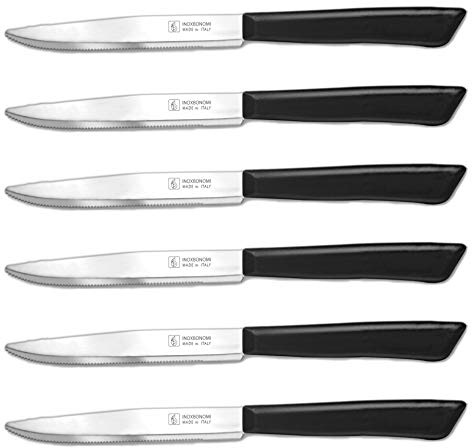 INOXBONOMI Italienisch Küchenmesser-Set 6 Stück 11cm, Extra scharfer Wellenschliff, Tafelmesser, Ergonomischer Griff, Spülmaschinengeeignet (Schwarz)