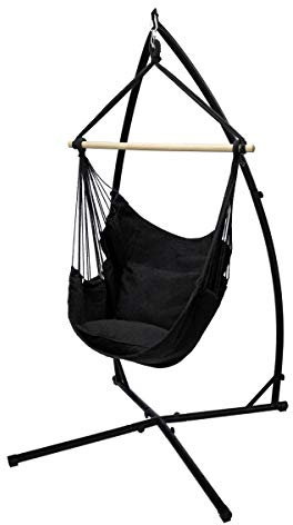 ECD Germany Hängesessel Anthrazit mit Gestell Schwarz 208 cm, Hängestuhl Hängeschaukel aus Baumwolle mit 2 Kissen bis 120kg, Freistehendes Hängesesselgestell Metall Hängestuhlgestell Hängesitz Ständer