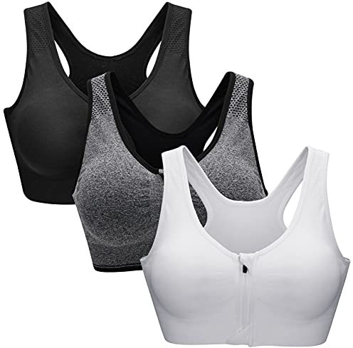 ZOEREA Sports BH Damen Push Up Zip Front, 3er Pack Impact Yoga Bra Schwarz Grau und Weiß,XXL