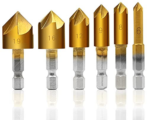 6 PCS Countersink Drill Bits Set, High Speed Steel Counter Sinker Drill Bits 5 Flute 90 Degree Hex Shank Wood Drilling Bit Set Titanium Coated Center Punch Tool Quick Change Bit 6 mm-19 mm