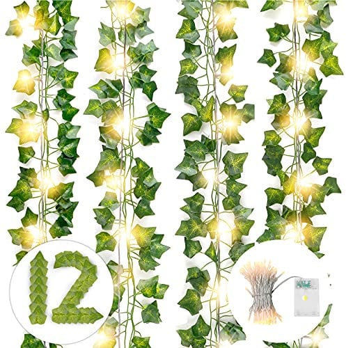 DazSpirit Künstlich Efeu Hängend Girlande 12Stück Efeugirlande Künstlich mit 10m 100 LED Lichterketten String, 25.2m Efeubusch Kunstpflanze Girlande für Hochzeit, Küche, Garten, Party Wanddekoration