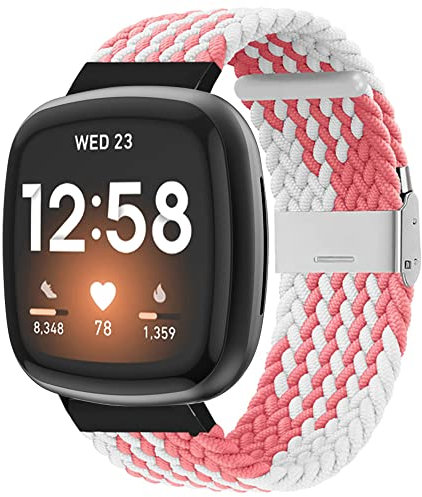 Sport Armband Kompatibel mit Fitbit Versa 3 Nylon Ersatzarmband für Fitbit Sense Armband Metall Einstellbar Weiches Nylon Stoff Armbänder für Fitbit Versa 3/Sense (Rosa weiß,M)