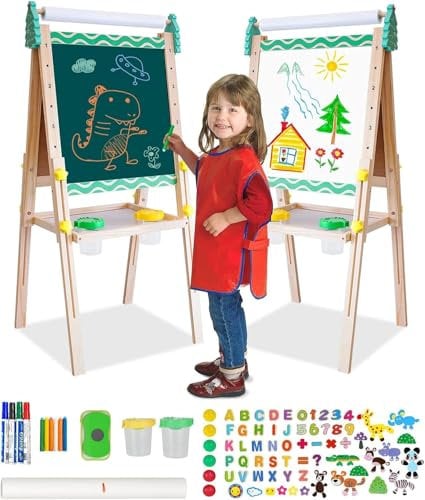 Caballete para Niños y Niñas de dos Caras con Altura Ajustable y Rollo de Papel|4 en 1 Pizarra Infantil con Letras de Colores y Juego de Matemáticas|Madera Educativo Juego