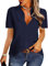 NONSAR Damen Bluse Elegant V-Ausschnitt Hemden Kurzarm Casual Arbeit Oberteile mit Knöpfen Hemd Lose Kurzarmshirt Einfarbig Tops (9349L, Dunkelblau)