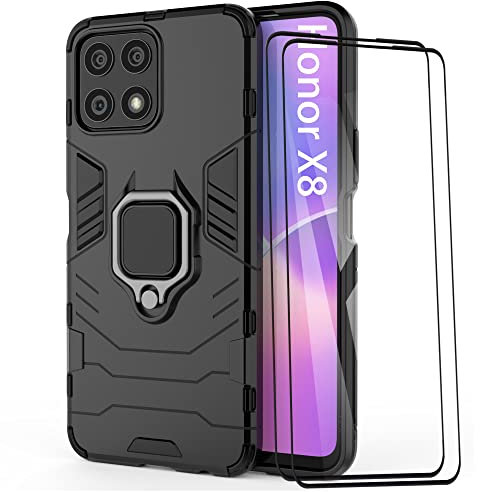 ESTH® Funda para Honor X8 con 2 Piezas Protector de Pantalla, Giratorio Soporte de 360°, Compatible con Soporte Magnético para Coche, Carcasa Negro