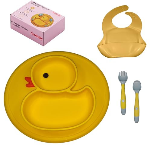 Vajilla Bebé BLW | Set de Silicona con Plato Ventosa, Babero y Cubiertos | Vajilla Infantil Antideslizante y Sin BPA | Apto Microondas y Lavavajillas [4 Piezas]