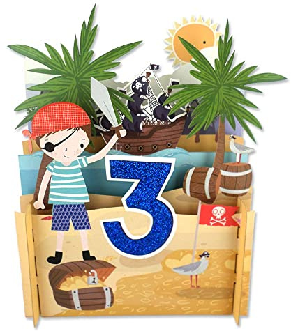 Boys 3rd Birthday Pirates & Treasure 3D Pop Up Birthday Greeting Card by Alljoy APOP004