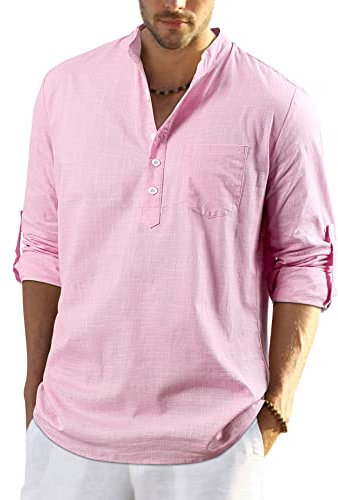 Enlision Mens Pink Cotton Linen Shirts Long Sleeve Shirt Button Down Henley Shirts Lightweight Casual Plain Tops for Men L