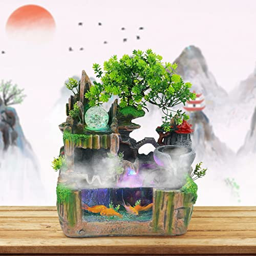 KinHall Zimmerbrunnen mit Nebel LED Beleuchtung, Tischbrunnen Zimmerbrunnen GartenAquariumHarz Desktop-Brunnen mit Pflanzen Zimmerspringbrunnen Wasserfall (7002)
