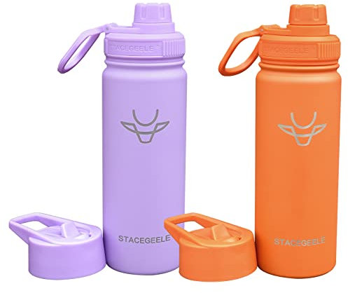 STACEGEELE Insulated Water Bottle with Spout Lid Straw Lid Stainless Steel Water Bottle for Kids Metal Drink Flask with BPA Free Leakproof Double Walled 18oz, 2 Pack (Orange/Purple)