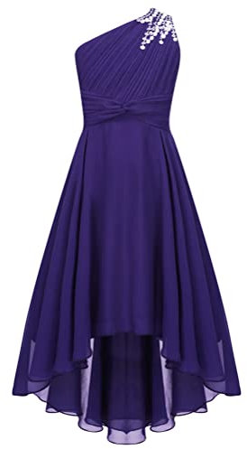 Aislor Enfant Fille Robe de Princesse Cocktail Une Épaule Strass Robes de Cérémonie Fete Carnaval Fille Robe de Demoiselle d'honneur Chic Violet 7-8 Ans
