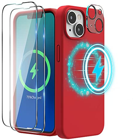 SURPHY Magnetic Silicone Case Designed for iPhone 14 Case, with 2 Pack Screen Protector + 1 Pack Camera Lens Protector, Liquid Silicone Compatible with MagSafe for iPhone 14 6.1 inch, Red