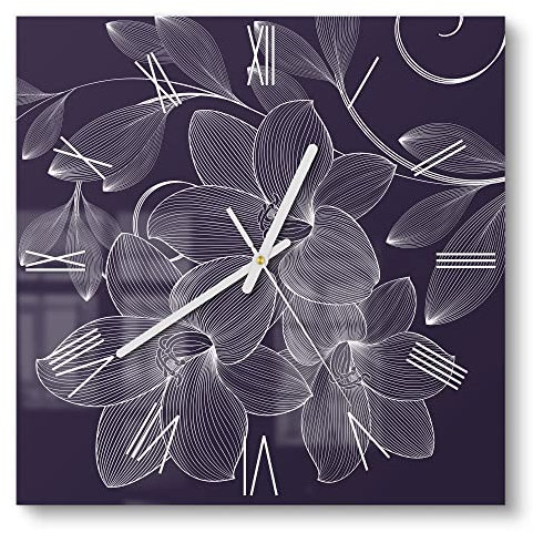 DEQORI Glasuhr | 30x30 cm | Motiv Elegante Liliengrafik | ausgefallene leise Design Uhr aus Glas | Wanduhr für Wohnzimmer & Küche | Moderne Hingucker Uhr für die Wand