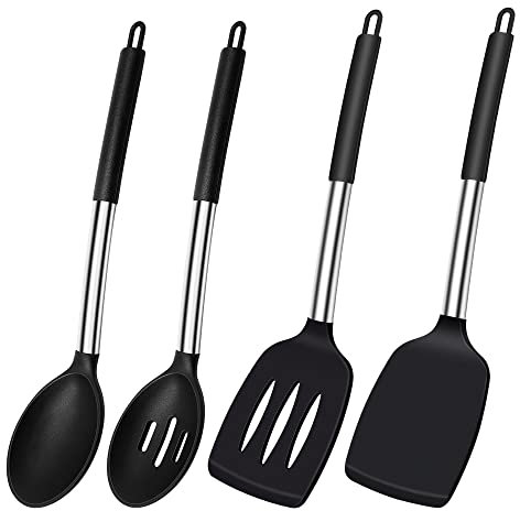 Silikon Pfannenwender Löffel, Hitzebeständig Silikon Spachtel Küche Pfannenwender Geschlitzt Löffel Set für Kochen, BPA Frei Küchenhelfer Schwarz Küchenutensilien Spülmaschinengeeignet, 4 Stück