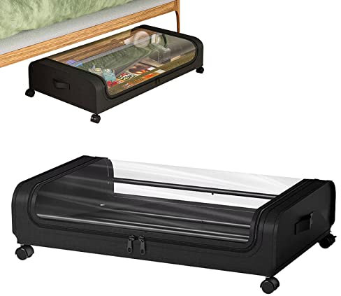 Toothbace Cómoda bajo la cama con ruedas, 31,5 x 17,3 x 6,3 pulgadas, 34 litros, caja de cama con ruedas, caja plegable para guardar ropa, juguetes y zapatos (negro)