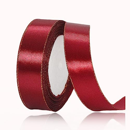 Geschenkband Burgunder 20mm Breit, 23 Meters Goldränder Satinband Weinrot Geschenkbänder Stoff Schleifenband Dekoband zum Geschenkverpackung, Bastelarbeiten, Geburtstag und Hochzeitsdekoration