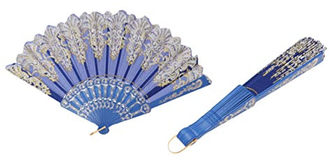 Warmhm Sapphire Blue Folding Fan Gold Sequin Pattern Chinese Style Hand Fan for Women Vintage Embroidered Dance Performance and Wedding Decoration
