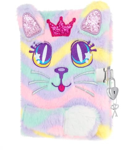 WERNNSAI Katze Plüsch Notizbuch – Funkelndes Katze Tagebuch für Mädchen Kinder Geschenk Stickerei A5 Geheimes Liniertes Notizbuch Schule Schreiben Zeichnung Notizblock mit Schlösser und Schlüssel