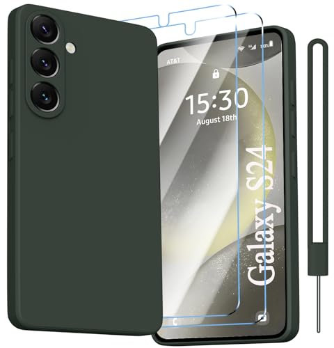 Kukiwhy für Samsung Galaxy S24 Hülle, [2 × 9H Schutzfolie] für Samsung Galaxy S24 5G Silikon Case mit Handschlaufe, Ultra Dünn Kameraschutz Rundumschutz Silikon Handyhülle für Galaxy S24-Dunkel Grün