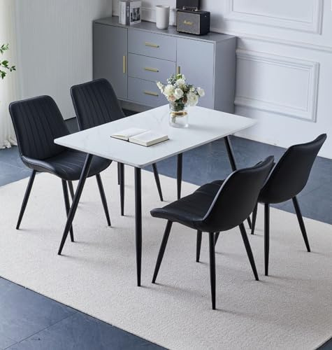Hallowood Furniture Cullompton 120x70cm Small Dining Table and Chairs Set 4 | White Marble Effect Top Kitchen Table and Chairs Upholstered in Black Bonded Leather and Metal Legs for Home, Office & Café