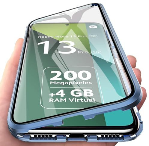 Orgsty Hülle für Xiaomi Redmi Note 13 Pro 5G, Magnetische Hartglas Hülle mit Vorderseite und Rückseite, Metallrahmen Case mit Eingebaut Magnet, Ultra Dünn 360 Grad Handyhülle, Blau