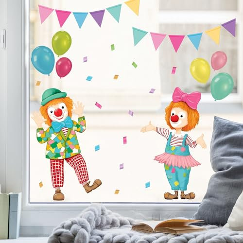 Wandtattoo Loft Fensterbild Karneval Clowns Girlande Luftballons wiederverwendbar Frühling bunte Dreiecke Fasching farbig, 2. A2 Bogen