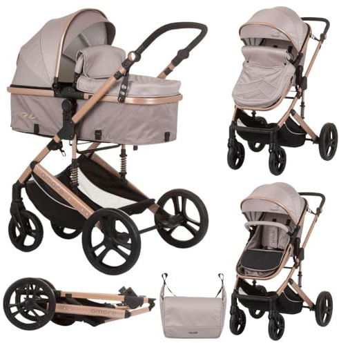 Chipolino Kinderwagen 2 in 1 Amore Getränkehalter Wickeltasche Fußabdeckung Korb, Farbe:beige
