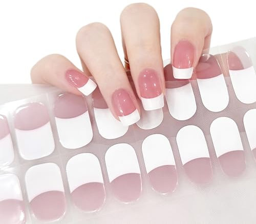 Semi Cured Gel Nail Stickers, UV/LED Semi Cured Gel Nail Strips, 22Pcs Soft Self -Adhesive Semi Cured Nail Wraps, Long Lasting French Tip Stickers for French Manicure DIY Nail Salon