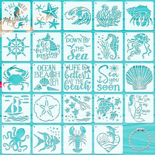 JSRQT 25 Stück Meerestier Schablonen,Ocean Creatures Painting Stencils,Meeresbewohner Malerei Schablonen Vorlage für Holz, Boden, Möbel Wandgestaltung Deko 5.1 x 5.1”