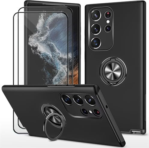 Dechyi Funda para Samsung Galaxy S24 Ultra (6.8) y 2 Piezas Protector de Pantalla Cristal Vidrio Templado Carcasa robustez Durabilidad con Anillo Soporte- Negro