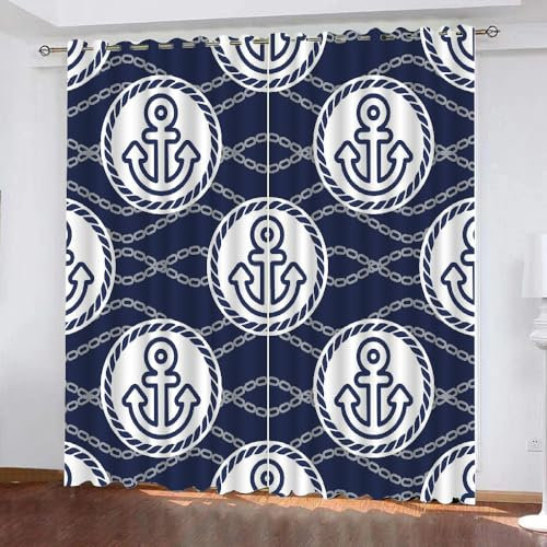 GIOVIA 3D Anker Vorhänge Abdunkelnde mit ösen 2 Stücks Gardinen Blickdicht Verdunkelungs Ozean Maritim Kälteschutz Scheibengardinen für Junge Mädchen Schlafzimmer B 280 X H 260 cm