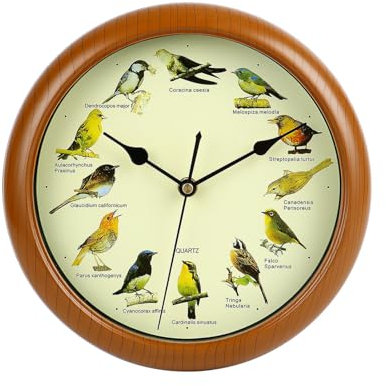 Lautlos Wanduhr, Vogelgesang-Uhr, Chic Wanduhren, mit 12 Einheimischen Singvögeln,Original-Naturaufnahmen, Heimdekoration, Dekorative Uhr,Lautlos,passend für Wohnzimmer und Schlafzimmer. (Braun)