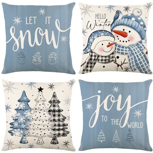 APROPHIC 4er Set Kissenbezug Weihnachten, Winter Kissenbezüge Weihnachten, Weihnachtsbaum Schneemann Muster, Ferienhaus Kissen, Weihnachtskissen 45x45cm, Blau