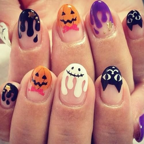 Boloshine 24Pcs Halloween False Nails, Short Almond Ghost & Black Cat Acrylic Fake Nails, Full Cover Glossy Fake Nails Stick on Nails for Women Girls Halloween Cosplay Party