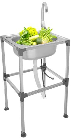 MINRS Fregadero independiente de acero inoxidable, fregadero de cocina comercial con grifo, para exteriores y camping, con tubo de entrada fría y caliente para exteriores, cocina, restaurante, jardín,