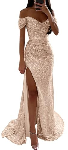 Women's Maxi Sequin Party Dress - Off Shoulder Floor Length Evening Gown With Side Slit for Wedding Guest, Cocktail, Prom (Rose Gold, S)