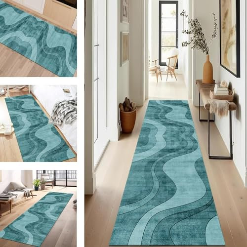 SUCERU Teppich Läufer Flur Diele Küche rutschfest Waschbar Dauerhaft 70X120CM Türkis Abstrakt Modern Teppichläufer für Wohnzimmer Korridor Schlafzimmer Büro Esszimmer Flurläufer Anpassbar Meterware
