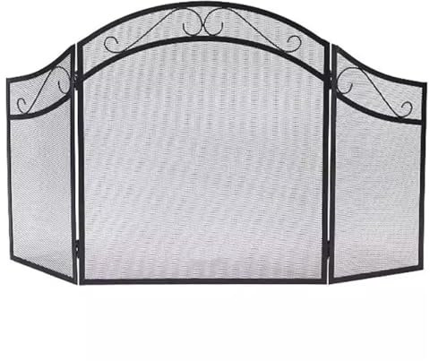 JYHHGDS Schwarzer Kaminschirm aus Schmiedeeisengeflecht - Faltbarer 3-Platten-Kaminfunkenschutz für Holzöfen, 128×78cm,