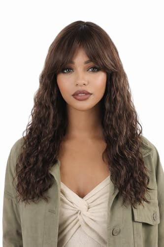ManeMajesty 45 cm Body-Wave-Perücke mit Pony aus 100% Echthaar FS4/27 Braun-Honigblonde Ombre-Balayage lacefrei und kleberlos maschinengefertigt pflegeleicht für Alltag und Party