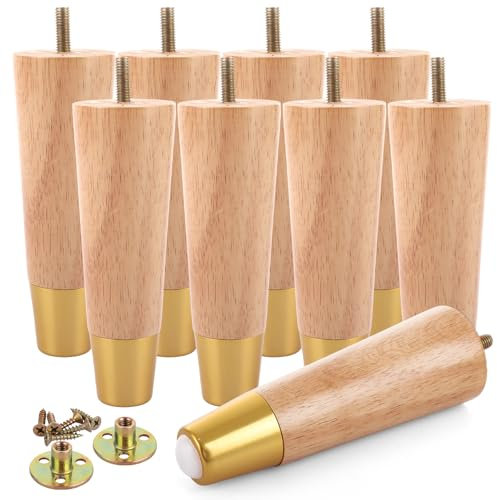 DAJAVE Lot de 8 pieds de meubles en bois - 15 cm - Pieds coniques solides avec capuchons dorés - Pieds de rechange pour canapé, lit, fauteuil, ottomane