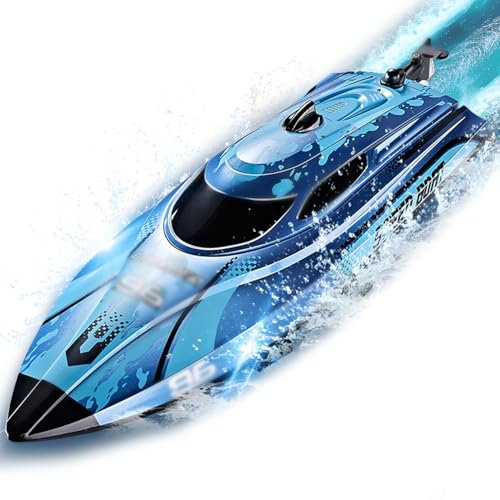Ferngesteuertes Boot mit LED-Licht, 25KM/H Boot Ferngesteuert für Kinder, 2.4GHz Speedboot mit 2 Batterien für 40 Minuten Spielzeit, RC Speedboot Geschenk für Kinder ab 6 8 Jahre (Blau)