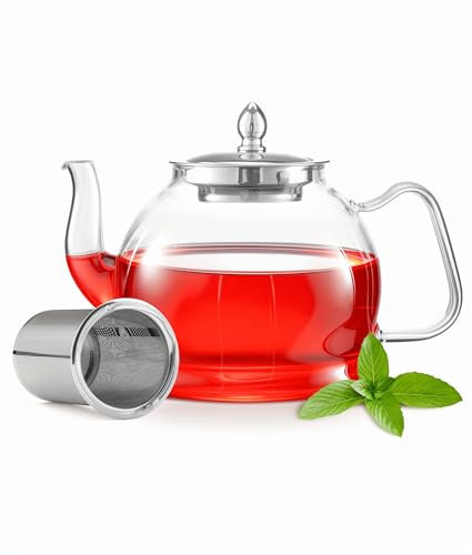 MS WGO 1200ml/40.58oz Round Shape Infuser Tea Pot, Clear Glass Teapot with Infuser, Heat-Resistant Borosilicate Glass Tea Pot with Infuser