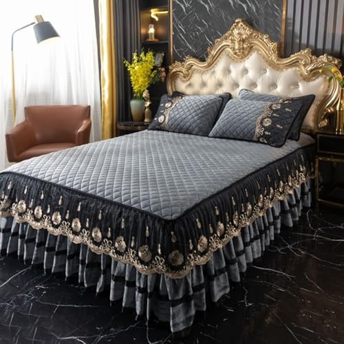 Homxi Spannbettlaken Topper mit Elasthan mit 2 Kissenbezüge,180 x 200 cm,Matratzenbezug Topper Polyester Einfarbige Farbe mit Gesticktem Spitzenmuster Spannbetttuch mit Doppelbett Grau