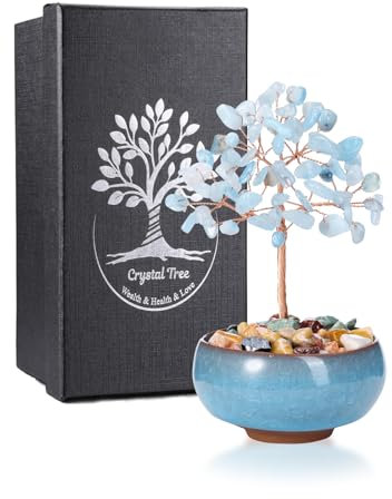 JSDDE Bonsai Arbre de Vie en Pierres Naturelles Décoration Intérieure Feng Shui Arbre de Cristal Porte Chance avec Bol Céramique Pierres et Cristaux Reiki Guérison Porte Bonheur 12-13cm (Aigue-marine)