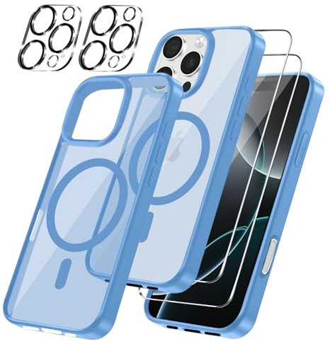 Magnetic Cover per iPhone 16 Pro Compatibile con 2 vetri temperati e 2 vetri per fotocamera, Translucent Matte Slim Back PC+TPU Bumper Shockproof - Blu