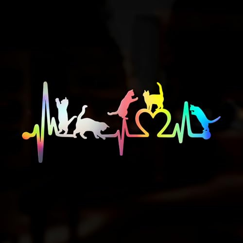 Cats Heartbeat Lifeline Sticker, Cats Car Sticker Decal, Reflective Chrome Oil Slick Vinyl Decal for Window Bumper Camper Caravan, Cat Pet Lover Sticker, Waterproof, 200mm