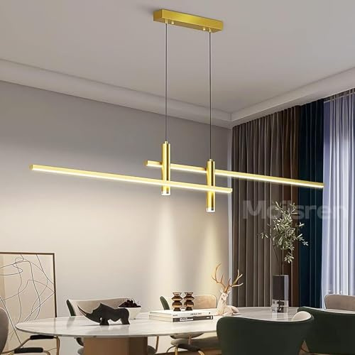 Modern LED Dimmable Pendant Light, Dining Table Lights Ceiling, Linear Chandeliers Height Adjustable, Black Kitchen Island Lights with Remote Control for Dining Room Kitchen Bar (Gold, 120cm)