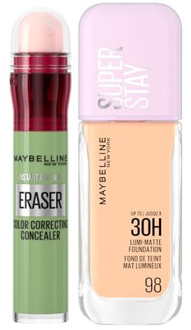 Maybelline New York SuperStay Lumi Matte Fondotinta Lunga Durata Waterproof Colore 98 + Il Cancella Età Correttore Liquido per per Copertura Rossori e Macchie Scure Colore Green - Set da 2